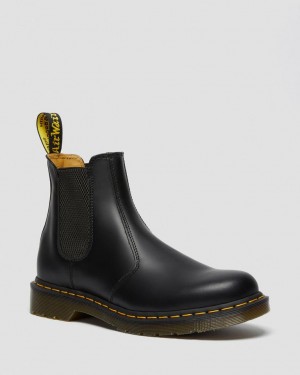 Dr Martens 2976 Yellow Stitch Smooth Leather Chelsea Støvler Dame Svarte | 06274-DLKW