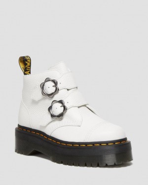 Dr Martens Devon Flower Buckle Leather Platform Støvler Dame Hvite | 35206-BGFL