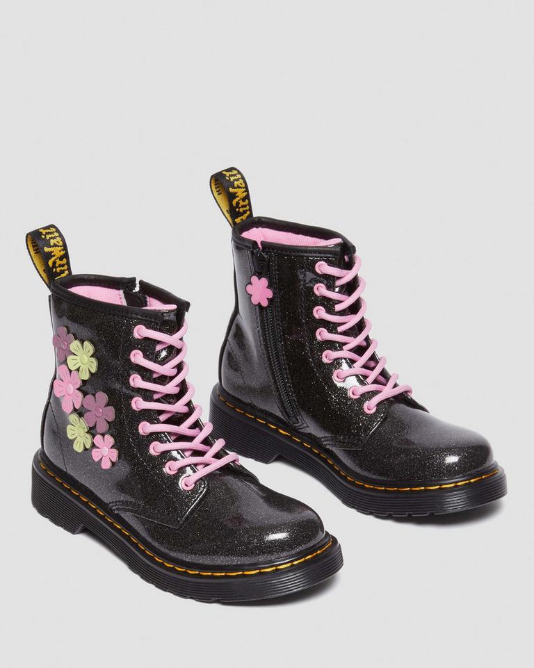 Dr Martens 1460 Glitter & Flower Applique Snørestøvletter Barn Svarte Multicolor | 69354-NIUM