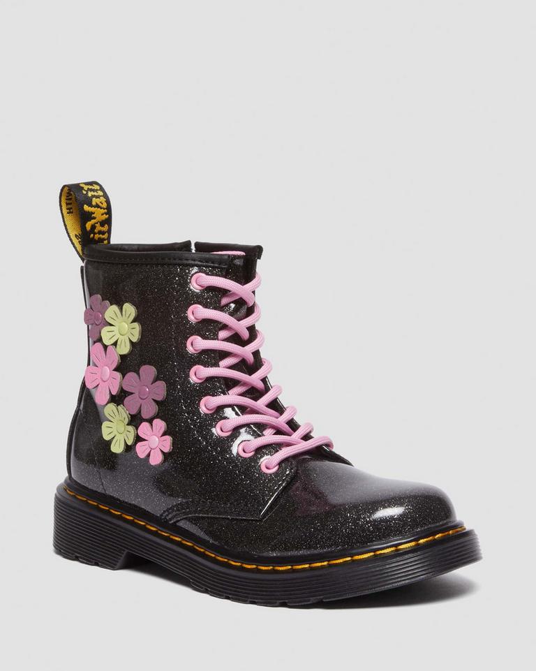 Dr Martens 1460 Glitter & Flower Applique Snørestøvletter Barn Svarte Multicolor | 69354-NIUM