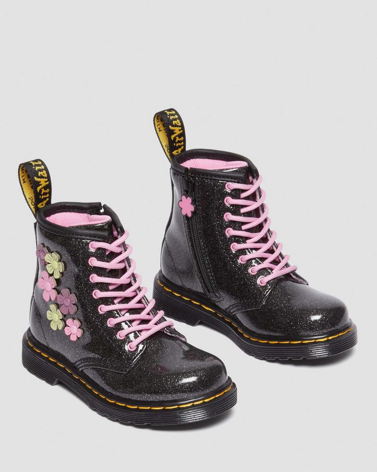 Dr Martens 1460 Glitter & Flower Applique Snørestøvletter Barn Svarte Multicolor | 23860-DWUJ