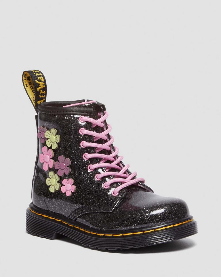 Dr Martens 1460 Glitter & Flower Applique Snørestøvletter Barn Svarte Multicolor | 23860-DWUJ