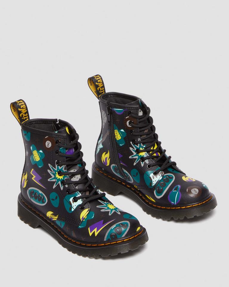 Dr Martens 1460 Sticker Print Leather Snørestøvletter Barn Svarte | 78521-JIZF