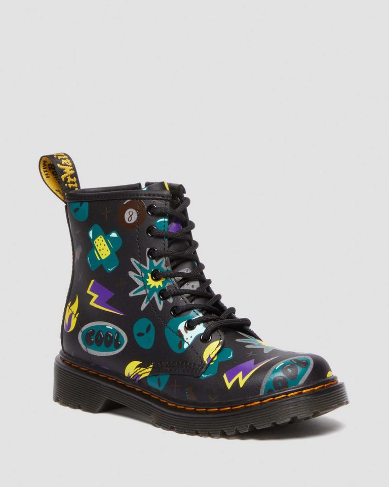 Dr Martens 1460 Sticker Print Leather Snørestøvletter Barn Svarte | 78521-JIZF