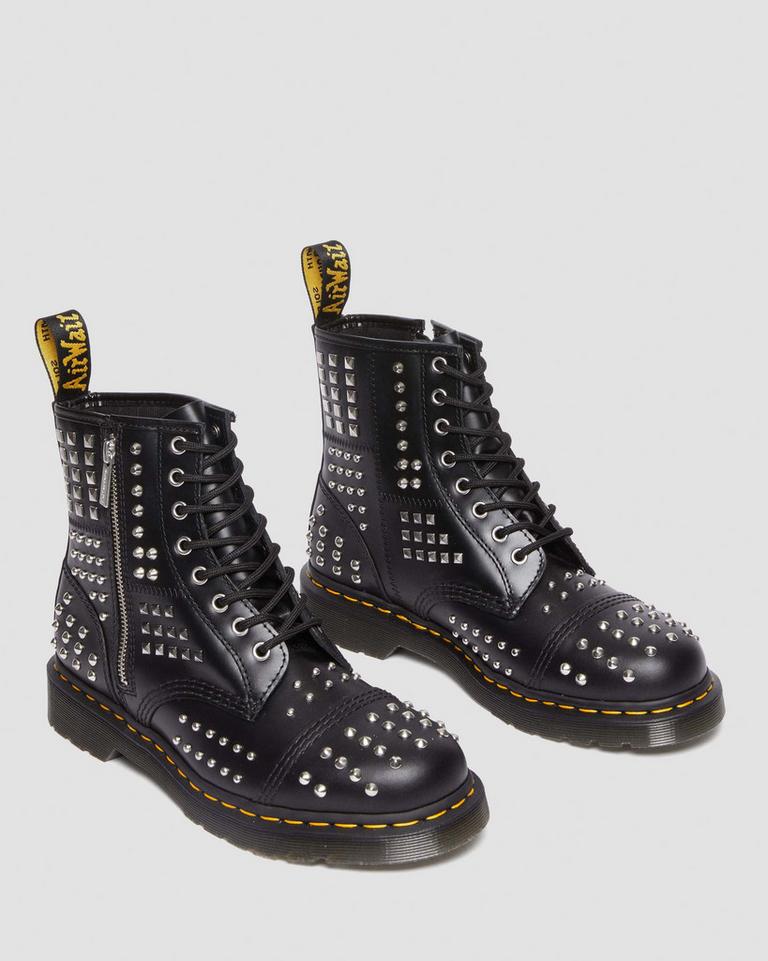 Dr Martens 1460 Studded Zip Atlas Leather Støvletter Dame Svarte | 54912-VMFZ