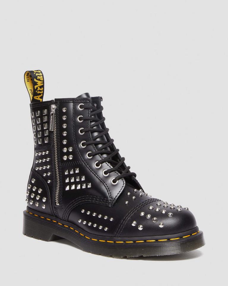 Dr Martens 1460 Studded Zip Atlas Leather Støvletter Dame Svarte | 54912-VMFZ