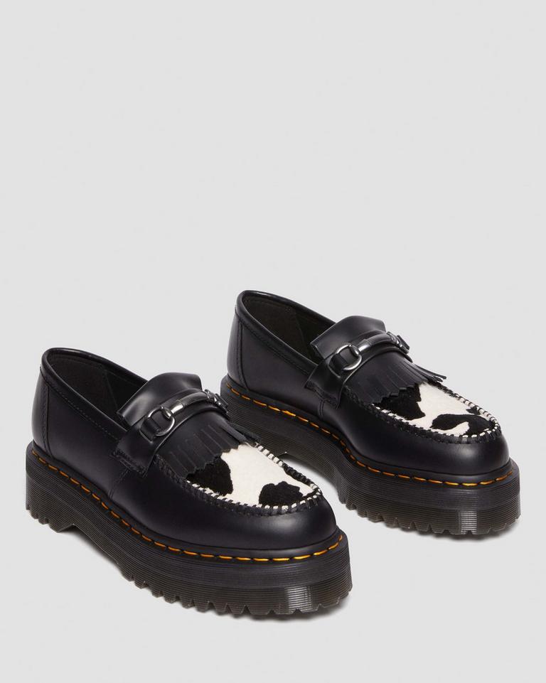 Dr Martens Adrian Snaffle Hair On & Leather Cow Print Kiltie Loafers Dame Svarte | 67320-MIFL