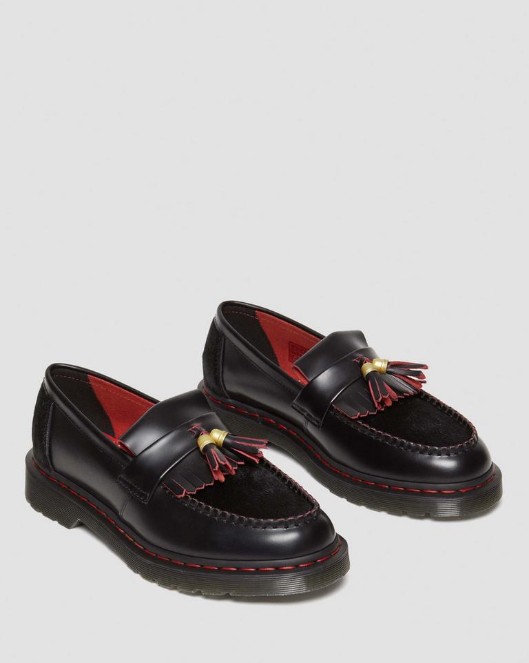 Dr Martens Adrian Year of the Dragon Hair-On Tassel Loafers Dame Svarte Rød Svarte | 43850-KSDY