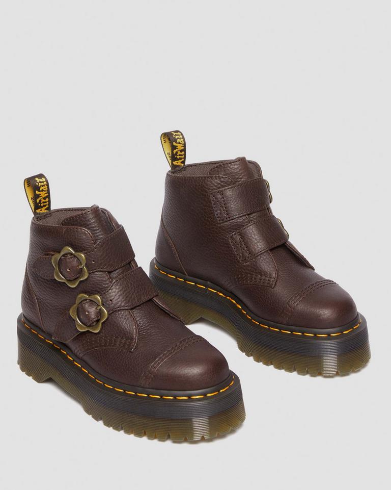 Dr Martens Devon Flower Buckle Grizzly Leather Platform Støvler Dame Mørke Brune | 90574-VIHN