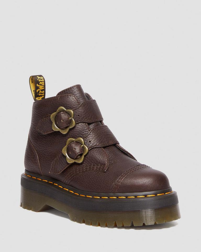 Dr Martens Devon Flower Buckle Grizzly Leather Platform Støvler Dame Mørke Brune | 90574-VIHN