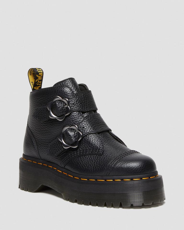 Dr Martens Devon Flower Buckle Leather Platform Støvler Dame Svarte | 07189-UVZJ