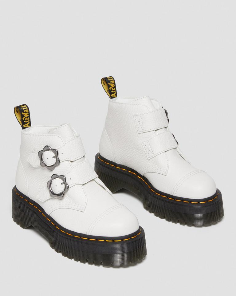 Dr Martens Devon Flower Buckle Leather Platform Støvler Dame Hvite | 35206-BGFL