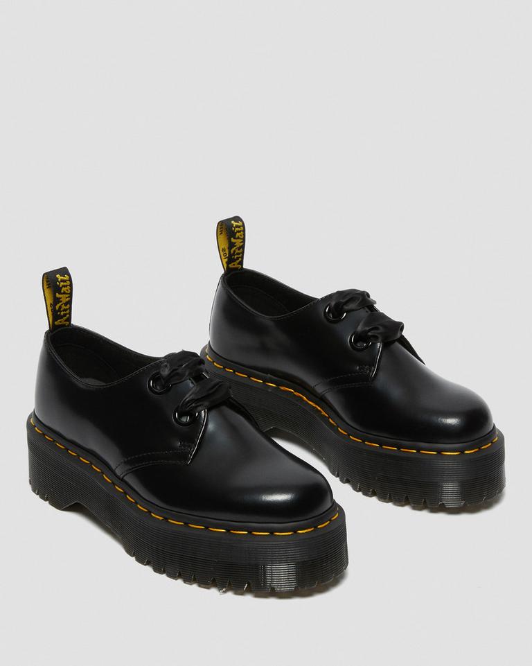 Dr Martens Holly Leather Platform Sko Dame Svarte | 49701-XZUR