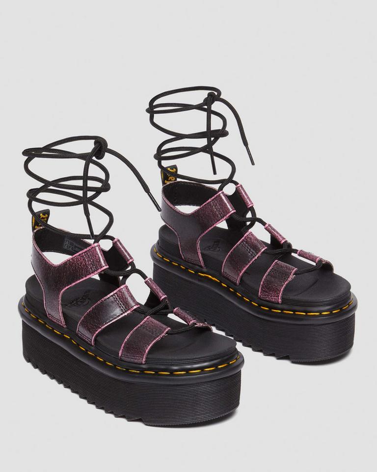 Dr Martens Nartilla Distressed Leather Platform Gladiator Sandaler Dame Svarte Rosa | 30851-ZARC